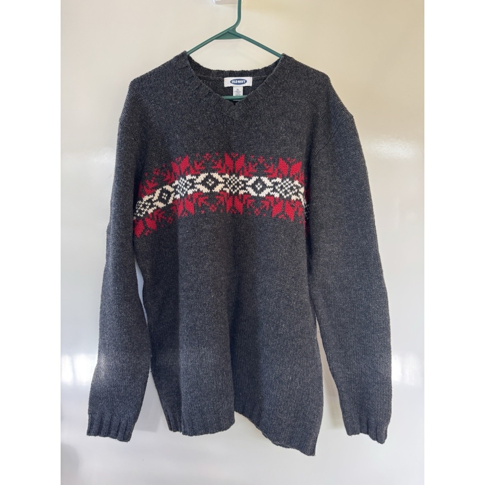 Vintage Old Navy Sweater Men XL Gray Snowflake V-Neck Boxy Y2K Fair Isle Flawed